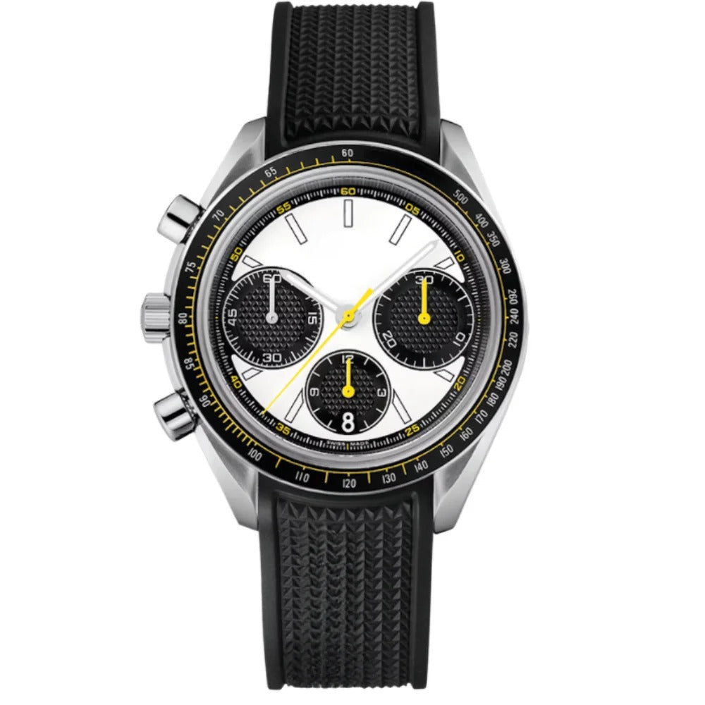 Racing Chronograph 42 – White Dial with Black Subdials | Steel Case & Black Rubber Strap & Black Yellow Tachymeter Bezel